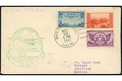 25 cents Trans Pacific Clipper og andre på 1.flyvningsbrev fra San Francisco - Hawaii d. 22.11.1935 via Honolulu d. 23.11.1935 og København Luftpost d. 10.12.1935 til Vedbæk, Danmark. 