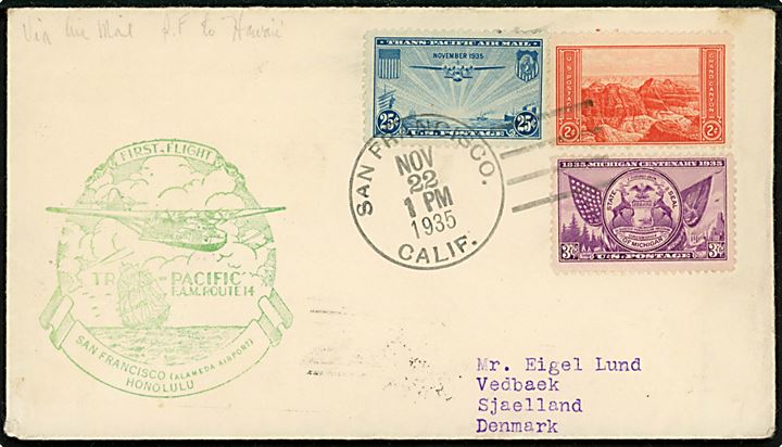 25 cents Trans Pacific Clipper og andre på 1.flyvningsbrev fra San Francisco - Hawaii d. 22.11.1935 via Honolulu d. 23.11.1935 og København Luftpost d. 10.12.1935 til Vedbæk, Danmark. 