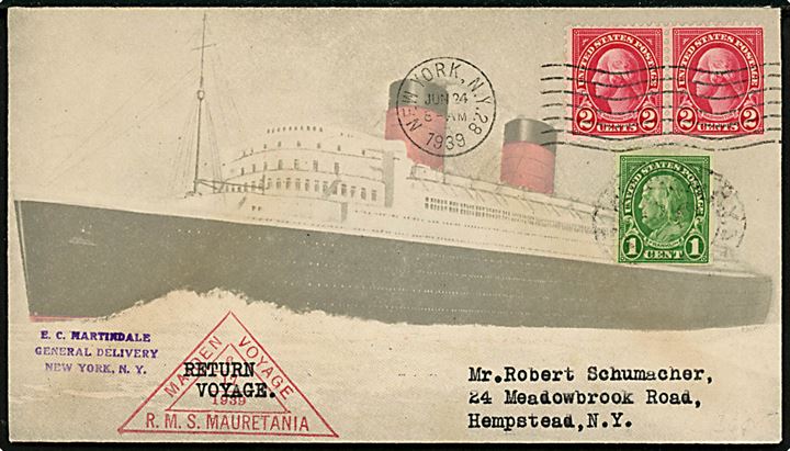 5 cents frankeret illustreret R.M.S. Mauretania Maiden Voyage brev fra New York d. 24.6.1939 via London d. 7.7.1939 til Hempstead, N.Y., USA.