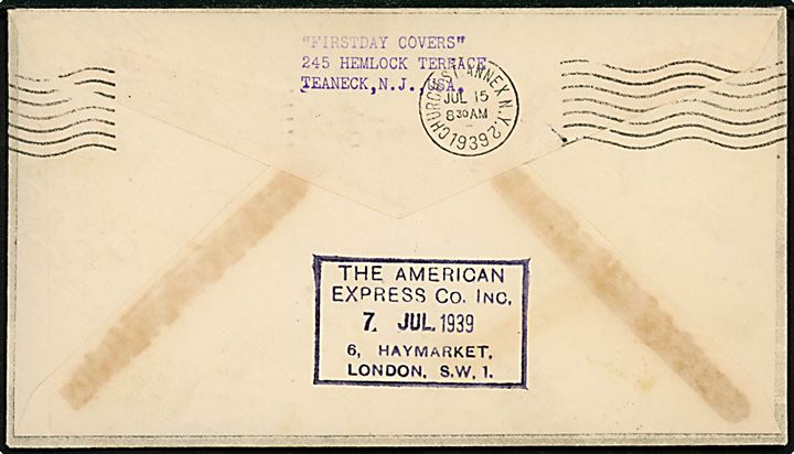 5 cents frankeret illustreret R.M.S. Mauretania Maiden Voyage brev fra New York d. 24.6.1939 via London d. 7.7.1939 til Hempstead, N.Y., USA.