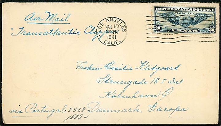 30 cents Winged Globe på luftpostbrev påskrevet Transatlantic Clipper og via Portugal fra Los Angeles d. 10.3.1941 til København, Danmark. Åbnet af tysk censur i Frankfurt.