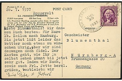 3 cents Washington på brevkort (S.S. President Harding) annulleret med skibsstempel U.S.Ger.Sea Post S.S. Roosevelt d. 30.7.1937 til Nürnberg, Tyskland.