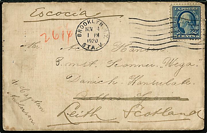 5 cents Washington på brev fra Brooklyn d. 4.11.1920 til sømand ombord på 3-mastet skonnert Vega c/o danske konsul i Bilbao, Spanien - eftersendt til Leith, Scotland.
