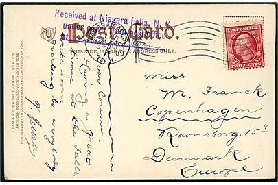 2 cents Washington på fra Niagara Falls d. 22.9.1909 til København, Danmark. Violet stempel: Received at Niagara Falls, N.Y. under cover from post office at Stanford, Con.
