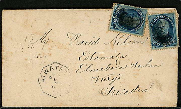 5 cents Tyler (2) på brev annulleret med stumt stempel og sidestemplet Atwater Wis. d. 5.4.1880 til Wexiö, Sverige. Et mærke yderligt placeret.