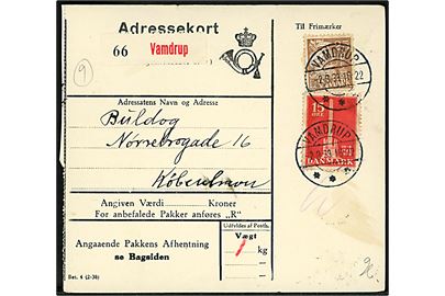 15 øre Stavnsbåndet og 25 øre Karavel på adressekort for pakke fra Vamdrup d. 2.8.1939 til København. Skjold.