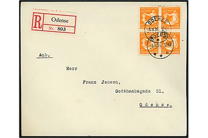 10 øre H. C. Andersen i fireblok på anbefalet lokalbrev annulleret med brotype IIId Odense d. 5.11.1936.