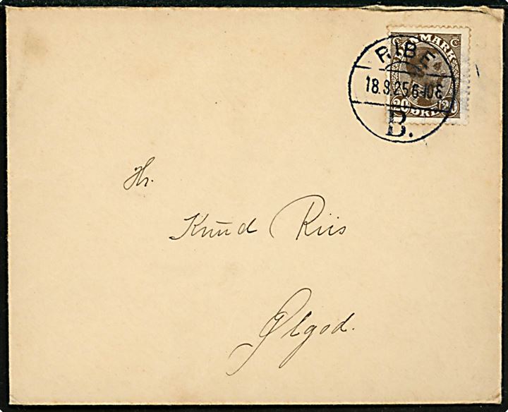 20 øre Chr. X på brev annulleret med brotype Vb Ribe B. d. 18.8.1925 til Ølgod.