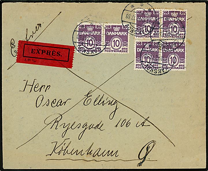 10 øre Bølgelinie (6) på ekspresbrev fra Nakskov d. 13.10.1942 til København.