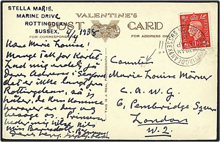 1 pence rød på postkort fra Rottingdean, England, d. 5.8.1938 til London. Kontrolstempel 2.