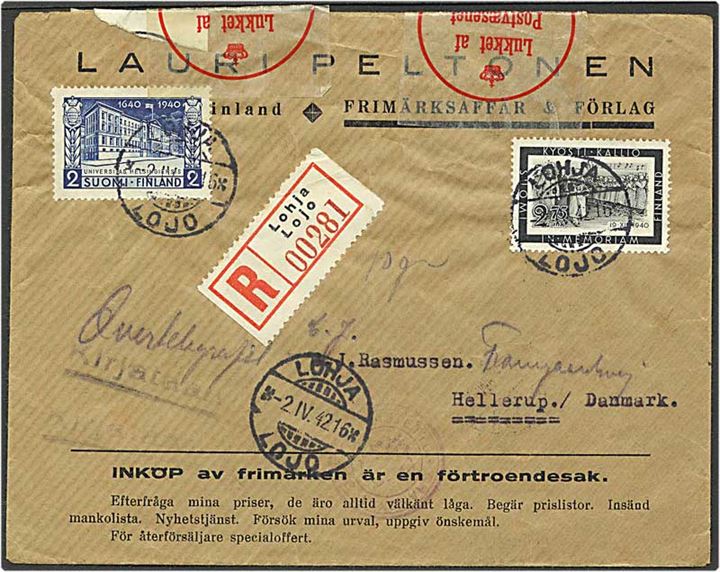 2 Mk Universitet og 2,75 Mk Kallio på anbefalet brev fra Lohja, Finland, d. 2.4.1942 til Hellerup, Danmark. Finsk og dansk censur. Åbnet ved en fejltagelse og lukket med Postvæsenets pergamyn labels A 61 (3/36).