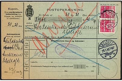 10 øre Bølgelinie i parstykke på retur postopkrævning fra Kjøbenhavn d. 23.1.1913 til Ebeltoft.
