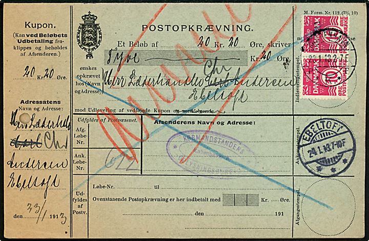 10 øre Bølgelinie i parstykke på retur postopkrævning fra Kjøbenhavn d. 23.1.1913 til Ebeltoft.