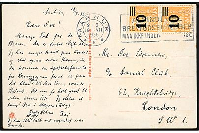 10/30 øre Provisorium i parstykke på brevkort (Aarhus Universitet) fra Aarhus d. 19.7.1935 til London, England.