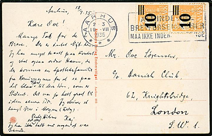 10/30 øre Provisorium i parstykke på brevkort (Aarhus Universitet) fra Aarhus d. 19.7.1935 til London, England.