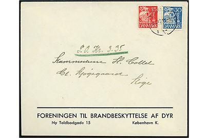 15 øre og 30 øre Karavel på brev med postopkrævning fra Foreningen til Brandbeskyttelse af dyr i København d. 20.3.1940 til Køge.