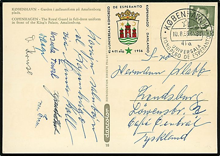 35 øre Fr. IX og Esperanto mærkat på brevkort annulleret med Esperanto kongres særstempel i København K. d. 10.8.1956 til Rendsburg, Tyskland.