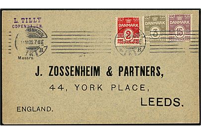 2 øre, 3 øre og 15 øre Bølgelinie på brev fra Kjøbenhavn d. 17.9.1906 til Leeds, England.