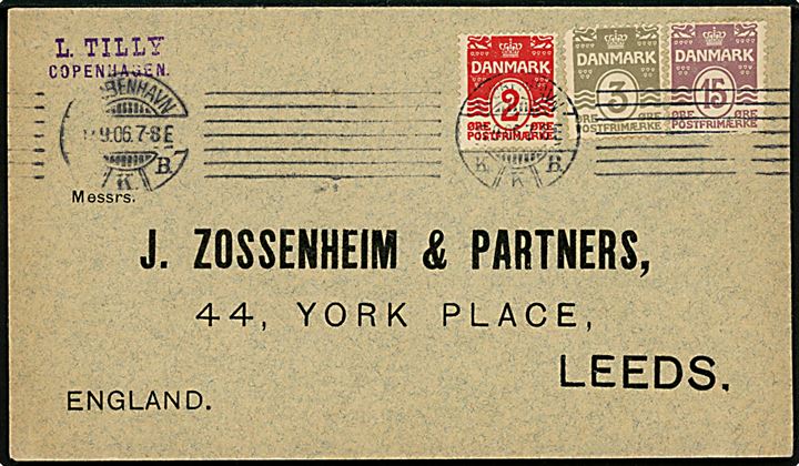 2 øre, 3 øre og 15 øre Bølgelinie på brev fra Kjøbenhavn d. 17.9.1906 til Leeds, England.