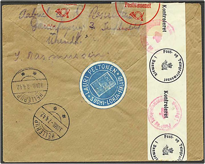 2 Mk Universitet og 2,75 Mk Kallio på anbefalet brev fra Lohja, Finland, d. 2.4.1942 til Hellerup, Danmark. Finsk og dansk censur. Åbnet ved en fejltagelse og lukket med Postvæsenets pergamyn labels A 61 (3/36).