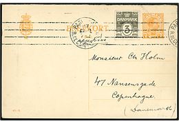 7 øre Chr. X svardel af dobbelt helsagsbrevkort (fabr. 46-K) opfrankeret med 3 øre Bølgelinie annulleret med fransk stempel i Paris d. 17.4.1919 til København. Hj.knæk.