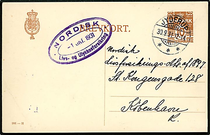 10 øre helsagsbrevkort (fabr. 101-H) annulleret med brotype Ic Jyderup d. 30.9.1931 til København.