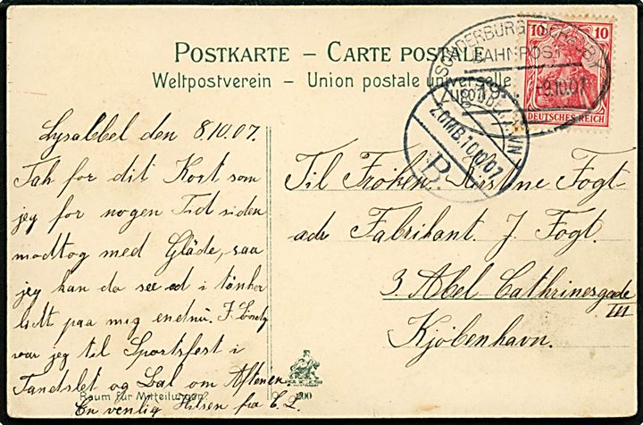 10 pfg. Germania på brevkort fra Lysabild annulleret med bureaustempel Sonderburg - Schauby Bahnpost Zug 19 d. 9.10.1907 til København, Danmark.