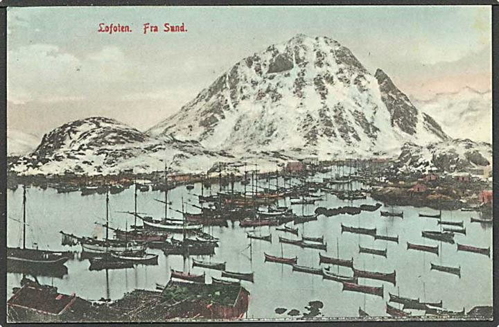 10 øre Posthorn på postkort sendt fra Trondheim d. 23.8.1911 til Tyskland. Sidestempel “Advent Bay / Spitsbergen”. Motiv koloreret parti fra Sund, Lofoten.