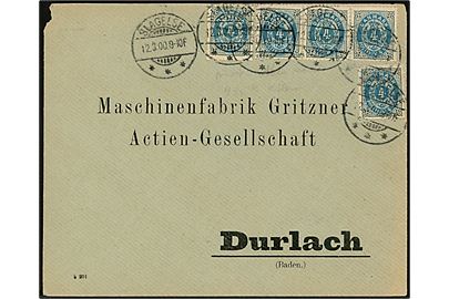 4 øre Tofarvet omv. rm. (5) på 20 øre frankeret brev fra Slagelse d. 12.3.1900 til Durlach, Baden, Tyskland.