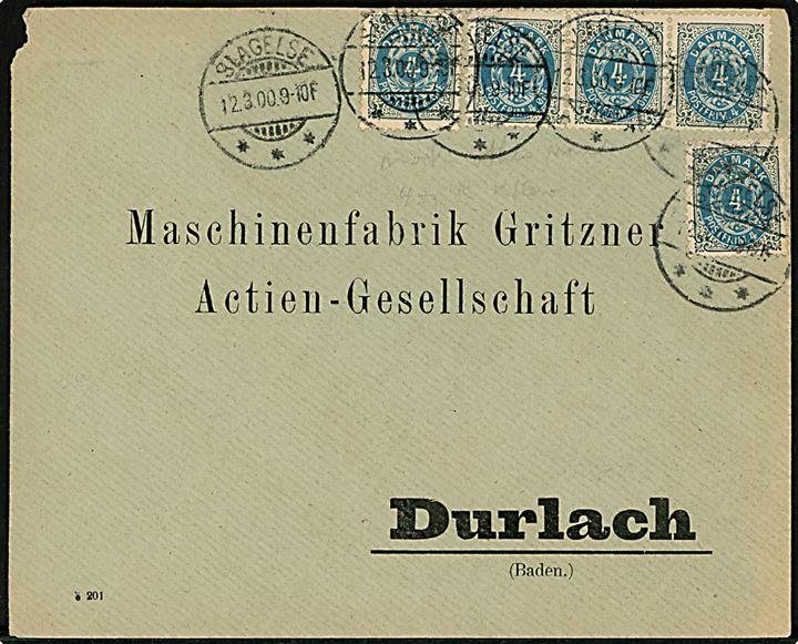 4 øre Tofarvet omv. rm. (5) på 20 øre frankeret brev fra Slagelse d. 12.3.1900 til Durlach, Baden, Tyskland.