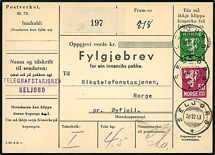 50 øre og 1 kr. Løve på adressekort for pakke fra Telegrafstasjonen Selfjord stemplet Selfjord d. 30.6.1943 til Rikstelefonstation Rorge pr. Øyfjell.