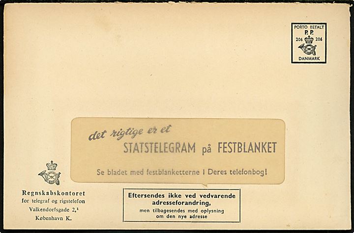 P.P. Porto betalt Danmark 206 rudekuvert fra Regnskabskontoret for telegraf og rigstelefon - formular T.4045 89-56) - med reklame for statstelegram på festblanket.