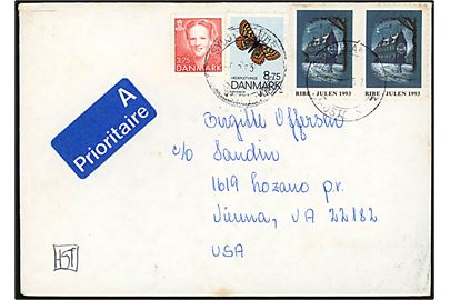 3,75 kr. Margrethe og 8,75 kr. Sommerfugl, samt Ribe Julemærke 1993 (par), på A-brev fra Ribe annulleret Sydjyllands Postcenter d. 8.12.1993 til Vienna, Va., USA.