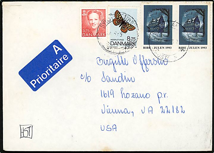 3,75 kr. Margrethe og 8,75 kr. Sommerfugl, samt Ribe Julemærke 1993 (par), på A-brev fra Ribe annulleret Sydjyllands Postcenter d. 8.12.1993 til Vienna, Va., USA.