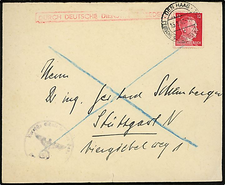 12 pfg. Hitler på brev mærket Durch Deutsche Dienstpost Niederlanden stemplet Den Haag d. 15.5.1942 til Stuttgart, Tyskland. 