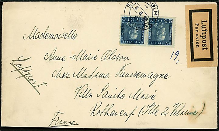 25 öre Gustaf i parstykke på luftpostbrev fra Stockholm d. 3.8.1926 til Rothéneuf, Frankrig. Bagklap mgl.