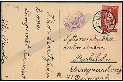 2 mk. Mannerheim single på brevkort fra Karkkila d. 12.11.1942 til Roskilde, Danmark. Både dansk og finsk censur og spor efter kemisk kontrol. 