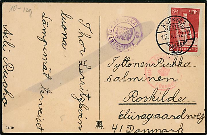 2 mk. Mannerheim single på brevkort fra Karkkila d. 12.11.1942 til Roskilde, Danmark. Både dansk og finsk censur og spor efter kemisk kontrol. 