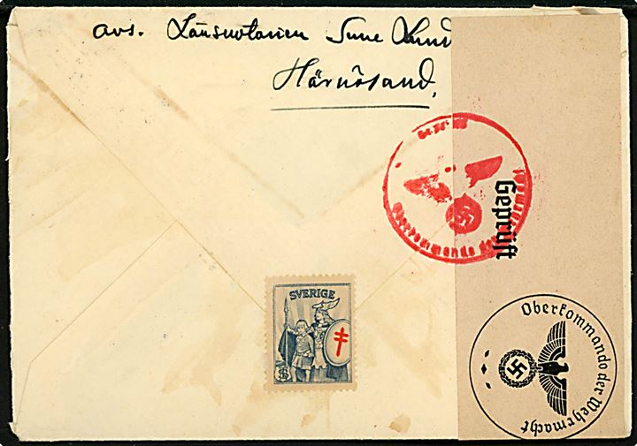 5 öre Bellman og 10 öre Gustaf på brev fra Härnösand annulleret med bureaustempel PKP 85 *B* (= Långsele-Sollefteå-Härnösand) d. 11.6.1940 til Skive, Danmark. Åbnet af tysk censur i Hamburg.
