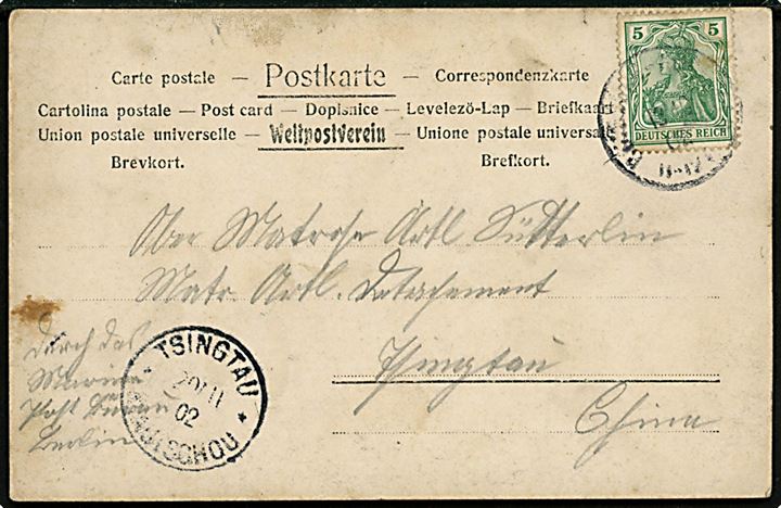 5 pfg. Germania på brevkort fra soldat i Duisburg d. 13.10.1902 til soldaterkammerat ved Matr. Artl. Detachement Tsingtau, China - Durch das Marine Post Bureau Berlin. Ank.stemplet Tsingtau * Kiautschou * d. 20.11.1902.