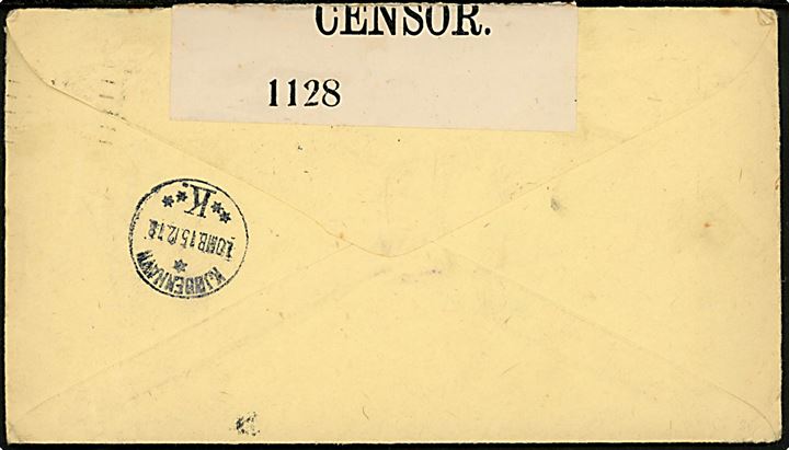 3 cents helsagskuvert sendt underfrankeret fra Alexandria, USA d. 11.11.1918 til København, Danmark. Åbnet af britisk censur no. 1128 og udtakseret i 16 øre dansk porto.