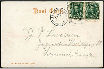 1 cent Franklin (par) på brevkort (Brandbåd under Hoboken Fire) annulleret med skibsstempel United States * Sea P.O.* / ? d. 2.12.1907 til Jegindø pr. Hvidbjerg St., Danmark.