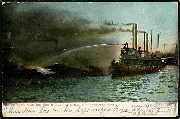 1 cent Franklin (par) på brevkort (Brandbåd under Hoboken Fire) annulleret med skibsstempel United States * Sea P.O.* / ? d. 2.12.1907 til Jegindø pr. Hvidbjerg St., Danmark.