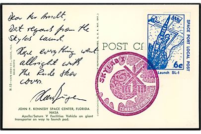 Space Port Local Post 6c Launch SL-1 på brevkort (John F. Kennedy Space Center, Saturn V raket) annulleret Skylab I. Iflg meddelelse fra opsendelse af Skylab I i 1973.
