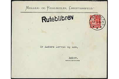 15 øre Karavel på brev fra Christiansfeld Mellem- og Realskole annulleret Kolding d. 26.4.1934 og sidestemplet Rutebilbrev til Askov.