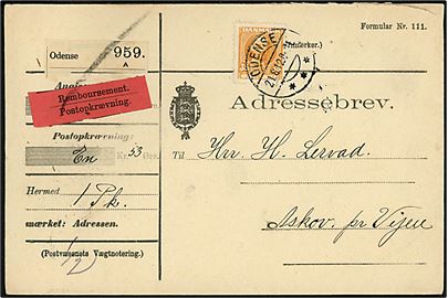 35 øre Fr. VIII single på adressebrev for pakke med postopkrævning fra Odense d. 21.6.1912 til Askov pr. Vejen.