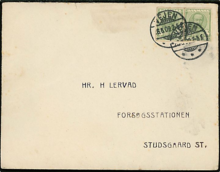 5 øre VIII helsagsafklip (2) benyttet som frankering på brev fra Vejen d. 28.6.1909 til Studsgaard St.