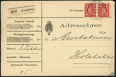 10 øre Tjenestemærke i parstykke på adressebrev for pakke fra Ringkjøbing d. 23.4.1914 til Holstebro.
