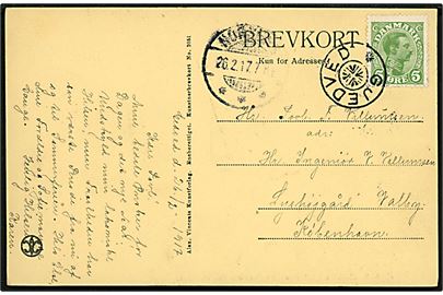 5 øre Chr. X på brevkort annulleret med stjernestempel GJEDVED og sidestemplet Horsens d. 26.2.1917 til København.