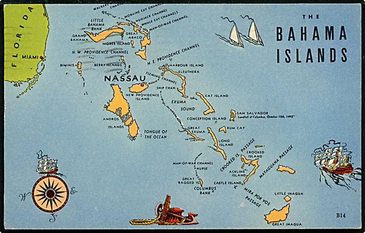 Bahamas. Kort over. Med 4 pence Georg V annulleret Nassau d. 27.10.1953 til USA. 